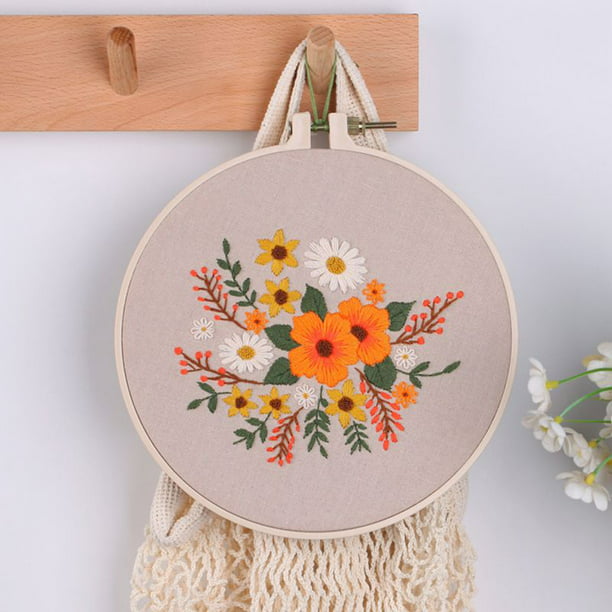 Embroidery Starter Kit and Embroidery Hoop Orange Flower DIY Needlework 